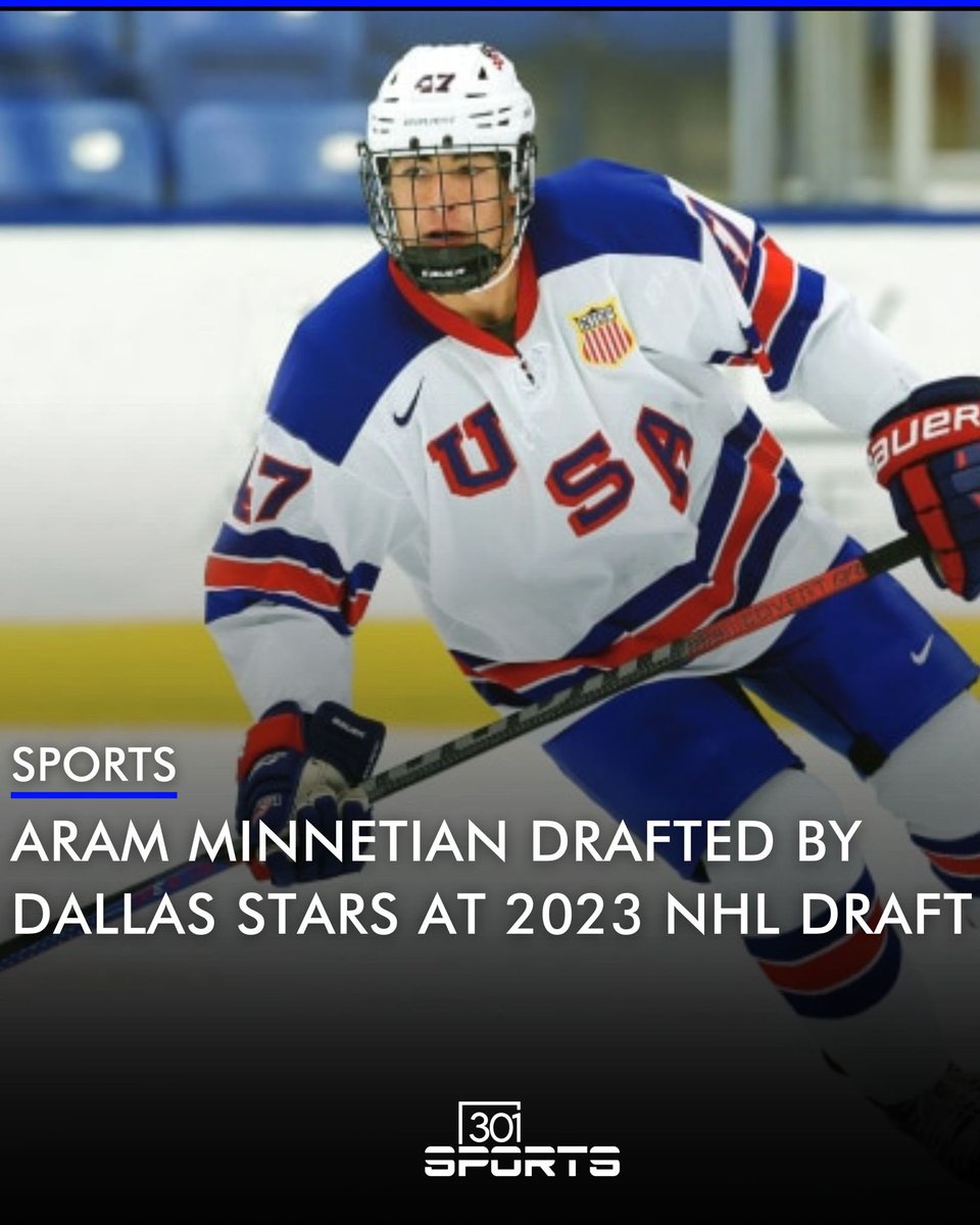 301arm's tweet photo. Defenseman Aram Minnetian has been selected by the Dallas Stars in the 2023 NHL Draft, with the 125th overall pick.

Minnetian, who originates from New Jersey, cultivated his skills at the US National Team Development Program. Following the 2023 NHL Draft, he will continue his hockey journey at Boston College, where he has committed to playing for the 2023/24 season as a defenseman.