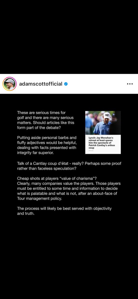 It’s nice that Adam Scott calls out Lynch. But sad that he didn’t do the same while the corrupt golf media has been doing it to LIV players for over a year. Maybe Adam should talk to Jimmy Dunne & tell him to stop giving info to Lynch & using him for his dirty jobs & messages. 🤷‍♂️