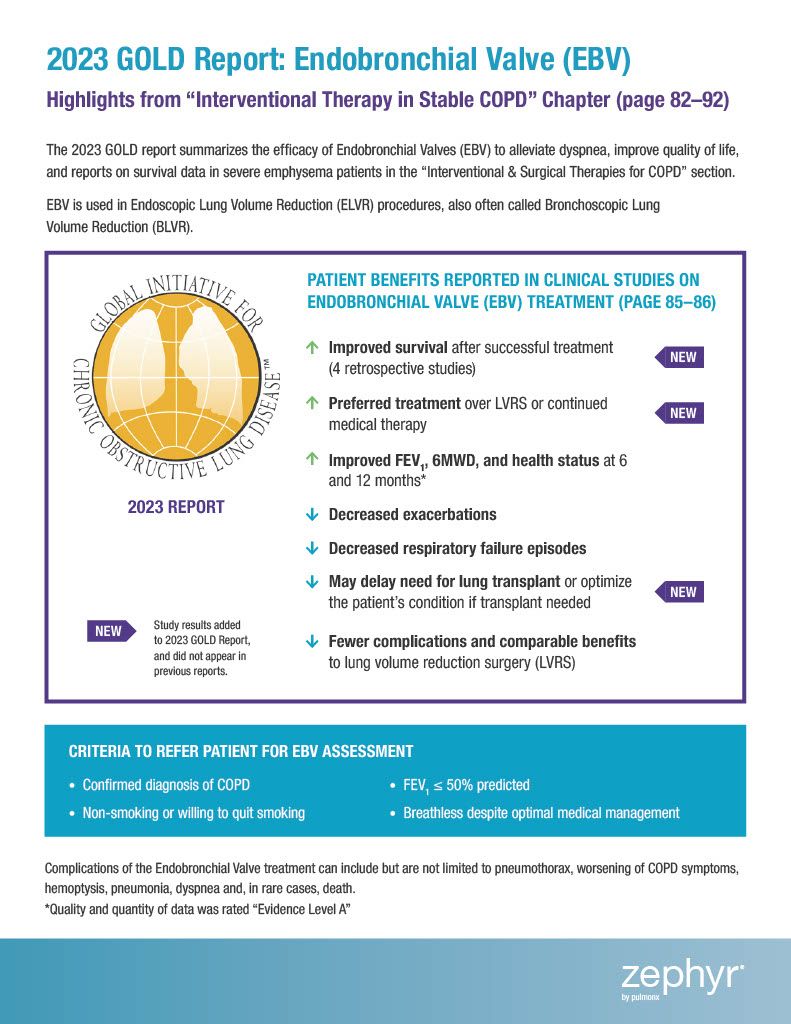 The 2023 <a href="/GOLD_COPD/">GOLD COPD</a> Report includes new evidence that EBV treatment improves survival in select patients, may delay the need for lung transplant and is preferred by patients over surgery or continued medical therapy alone to treat severe #COPD/#emphysema. bit.ly/3xLsuDW