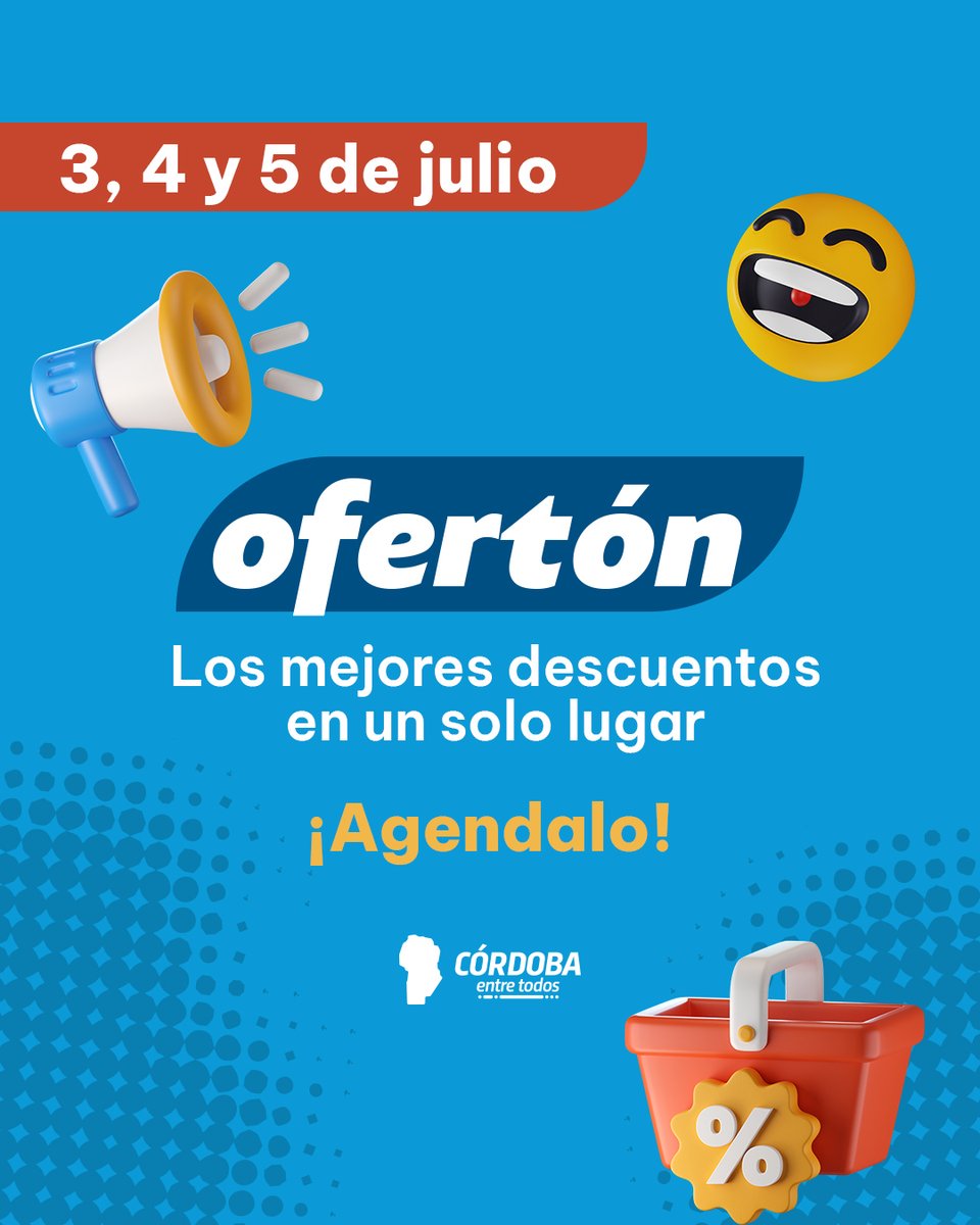 gobdecordoba's tweet photo. ¡Ya llega #Ofertón! 💥 Un evento con oportunidades únicas de compras online. Descuentos y promociones en más de 600 marcas cordobesas. 📆Agendá 3, 4 y 5 de julio en https://t.co/p2JyQEksBF.

🔗 Toda la información 👉 https://t.co/lep48sqUxU https://t.co/kDR38MLOfP
