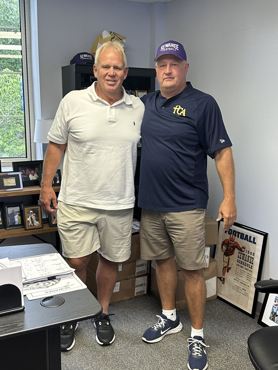 Very proud to have LeBron Ferguson, Sewanee Football Alum and current Head Coach at Providence Christian Academy, on campus today! Coach Mac enjoyed learning more about the history and tradition of Sewanee Football from you! #PoundTheRock