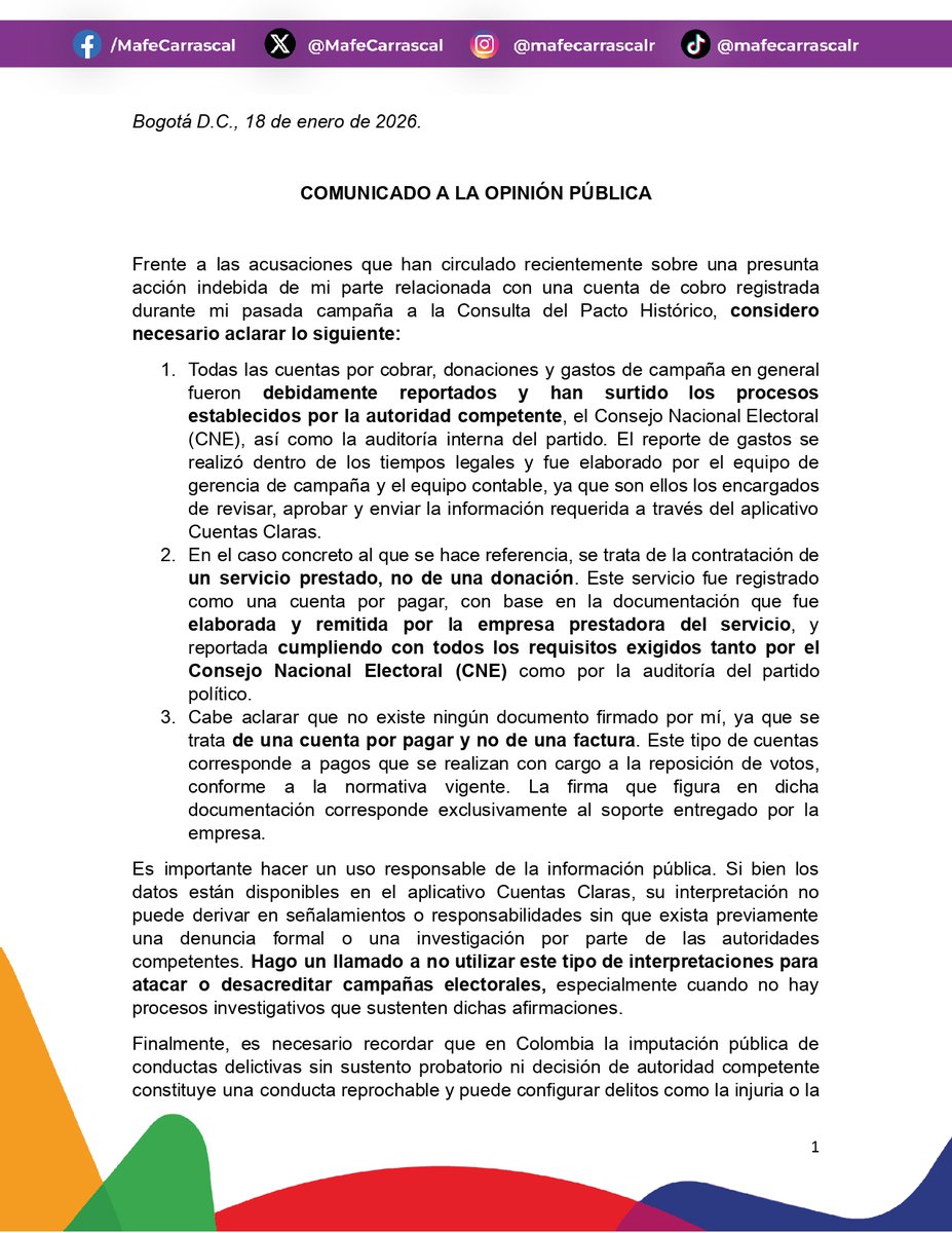 MafeCarrascal's tweet photo. 📌 COMUNICADO 

Con este comunicado doy fin a la controversia que armaron al interpretar, con mala fe, datos públicos que mi propia campaña le entregó al Consejo Nacional Electoral. Todo lo demás que la autoridad competente quiera esclarecer, será ante ella que rendiremos las declaraciones que sean necesarias.

Como cabeza de lista a la Cámara por Bogotá del @PactoCol, no permitiré que esto nos distraiga de nuestro objetivo: ser mayoría en el Congreso.