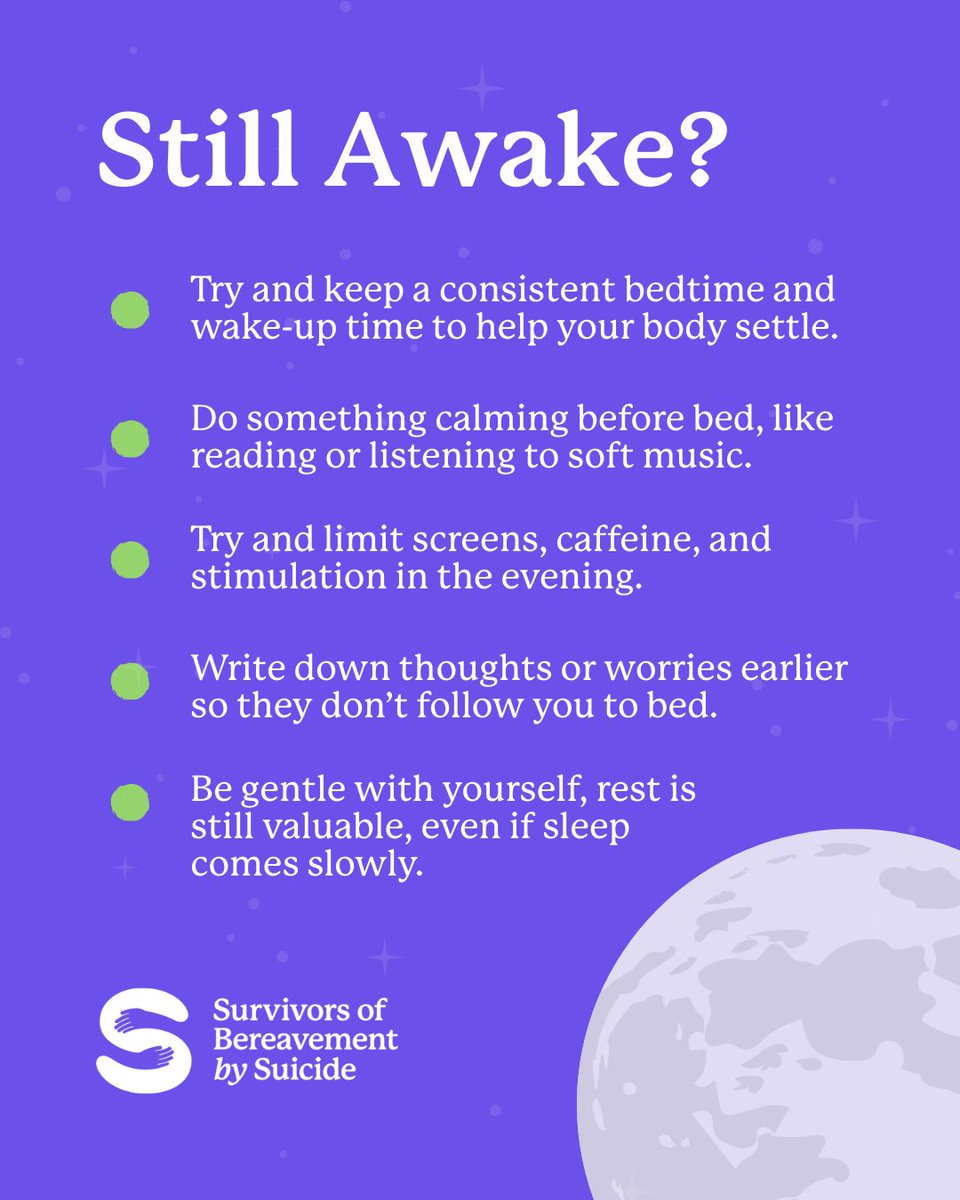 SOBScharity's tweet photo. One thing we hear a lot after losing someone to suicide is how hard sleep can become.

When everything quietens down, thoughts can start racing  or your body just won’t seem to switch off. It’s tiring, frustrating, and unfortunately a really common part of grief 💜 https://t.co/HXYjV5Ieyo