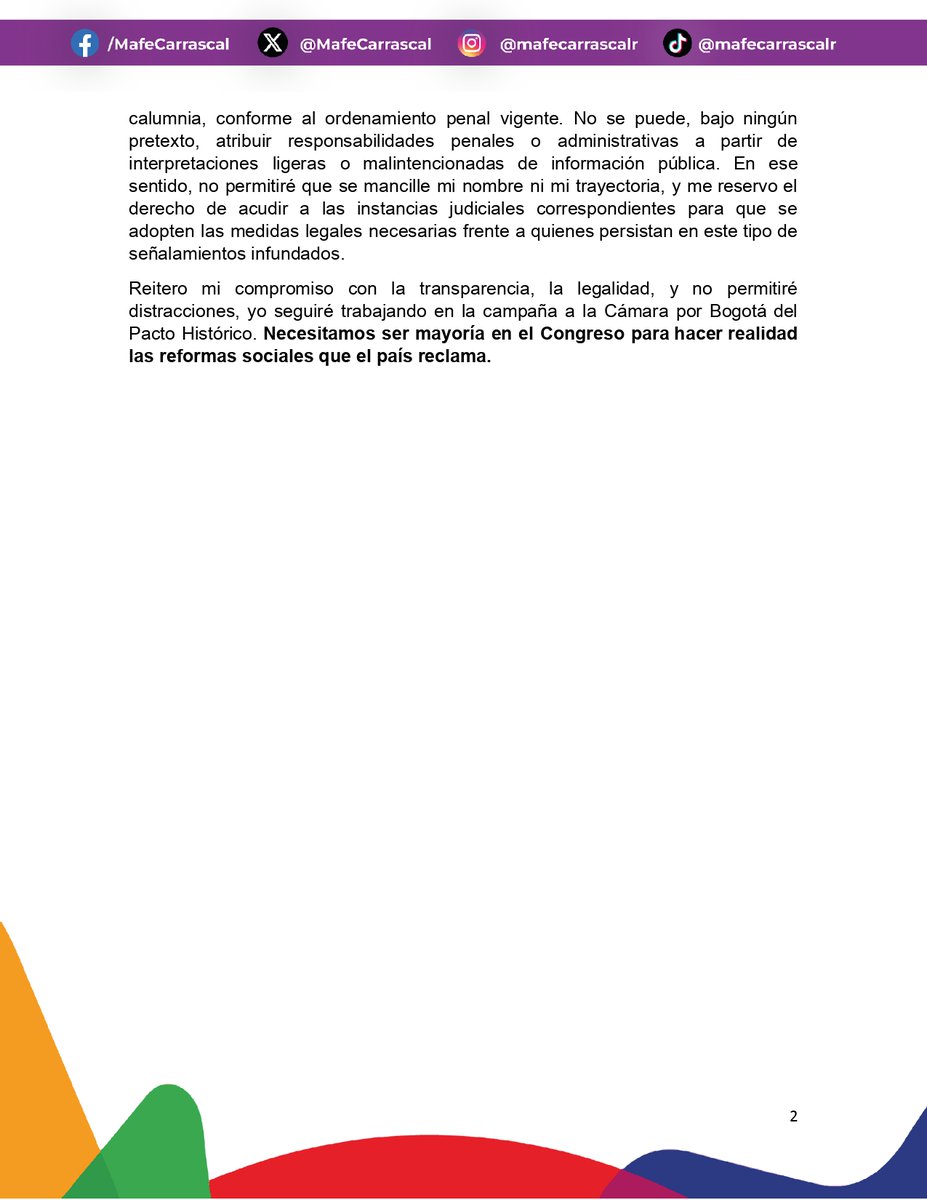 MafeCarrascal's tweet photo. 📌 COMUNICADO 

Con este comunicado doy fin a la controversia que armaron al interpretar, con mala fe, datos públicos que mi propia campaña le entregó al Consejo Nacional Electoral. Todo lo demás que la autoridad competente quiera esclarecer, será ante ella que rendiremos las declaraciones que sean necesarias.

Como cabeza de lista a la Cámara por Bogotá del @PactoCol, no permitiré que esto nos distraiga de nuestro objetivo: ser mayoría en el Congreso.
