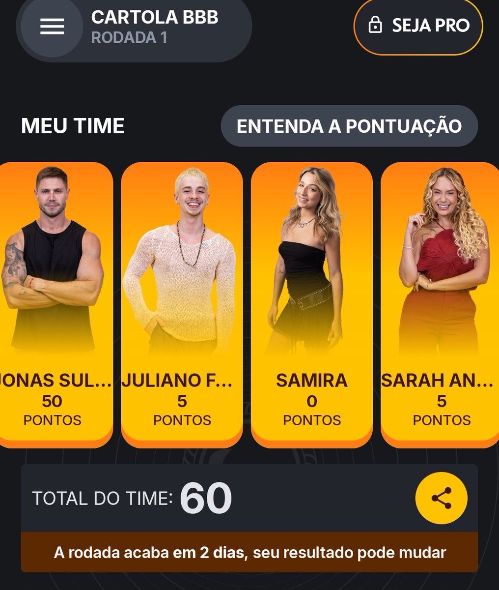 Valdeirmk's tweet photo. E ai quantos pontos vcs ja tem no #CartolaBBB #BBB26 https://t.co/EFBHU7cDUt
