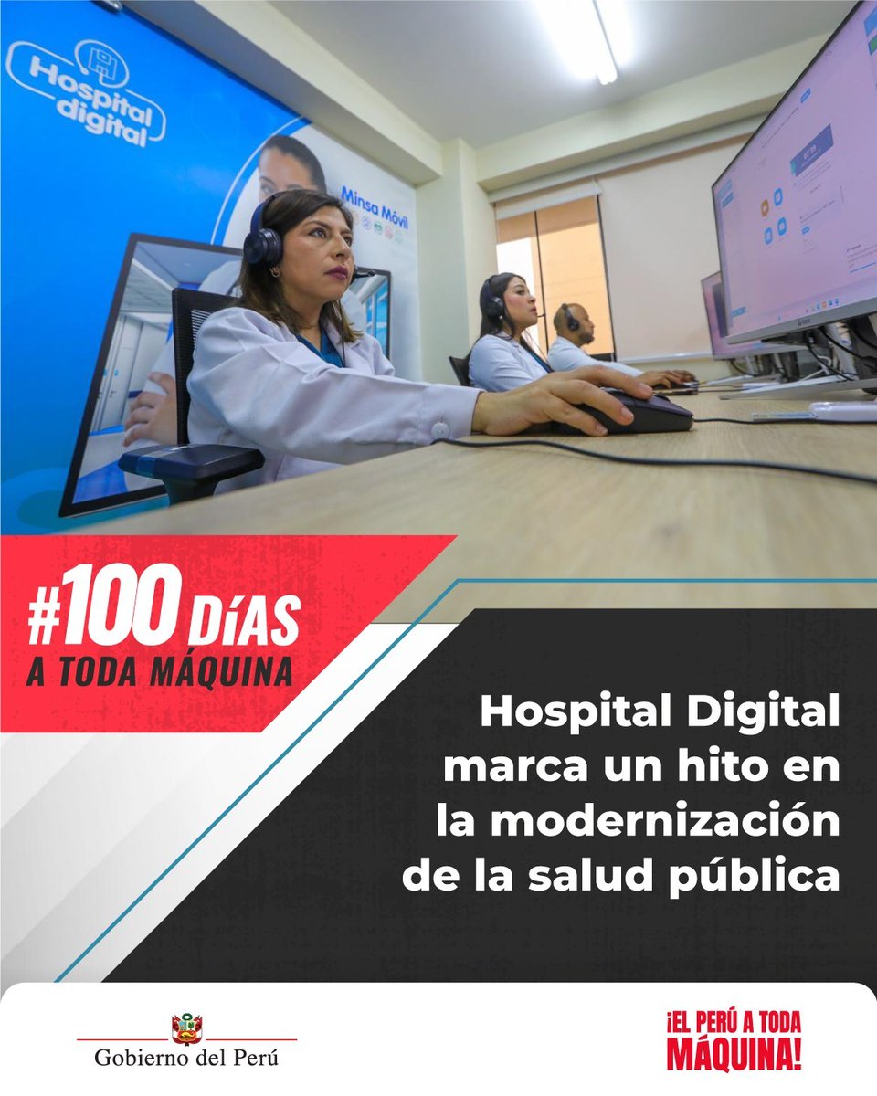 #100DíasATodaMáquina 🇵🇪 | En el #Minsa seguimos implementando las políticas de salud pública enfocadas en la prevención y protección de la población.

🏥📲 ¡Atención médica especializada gracias al Hospital Digital! Esta innovadora iniciativa del Minsa digitaliza la atención las