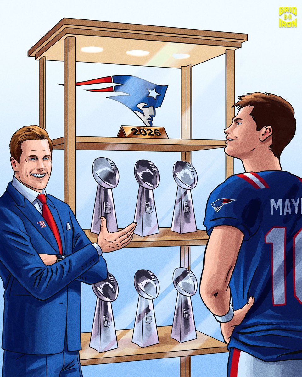 BleacherReport's tweet image. Drake Maye and the Patriots are 2 wins away from the Lombardi 🏆

Is it time to prep the trophy case? 🤔