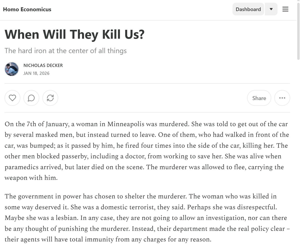 captgouda24's tweet image. If ICE can shoot anyone they want, and not be punished for it, what recourse do we have but civil war?
nicholasdecker.substack.com/p/when-will-th…