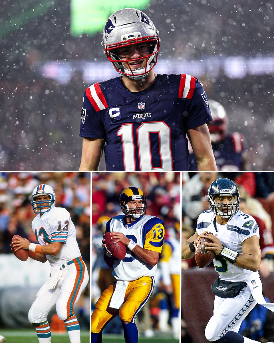 Drake Maye is in legendary company 🔥 

With 15 wins, he matches Dolphins' Dan Marino (1984), Rams' Kurt Warner (1999) and Seahawks' Russell Wilson (2013) for most wins in a season by a 1st or 2nd-year QB 👏