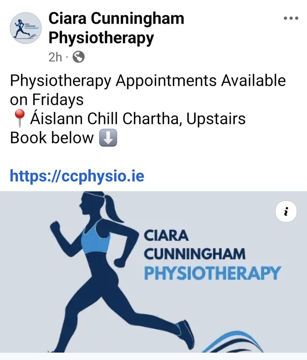 Physiotherapy Appointments Available on Fridays 
📍Áislann Chill Chartha, Upstairs 
Book below ⬇️ 

ccphysio.ie