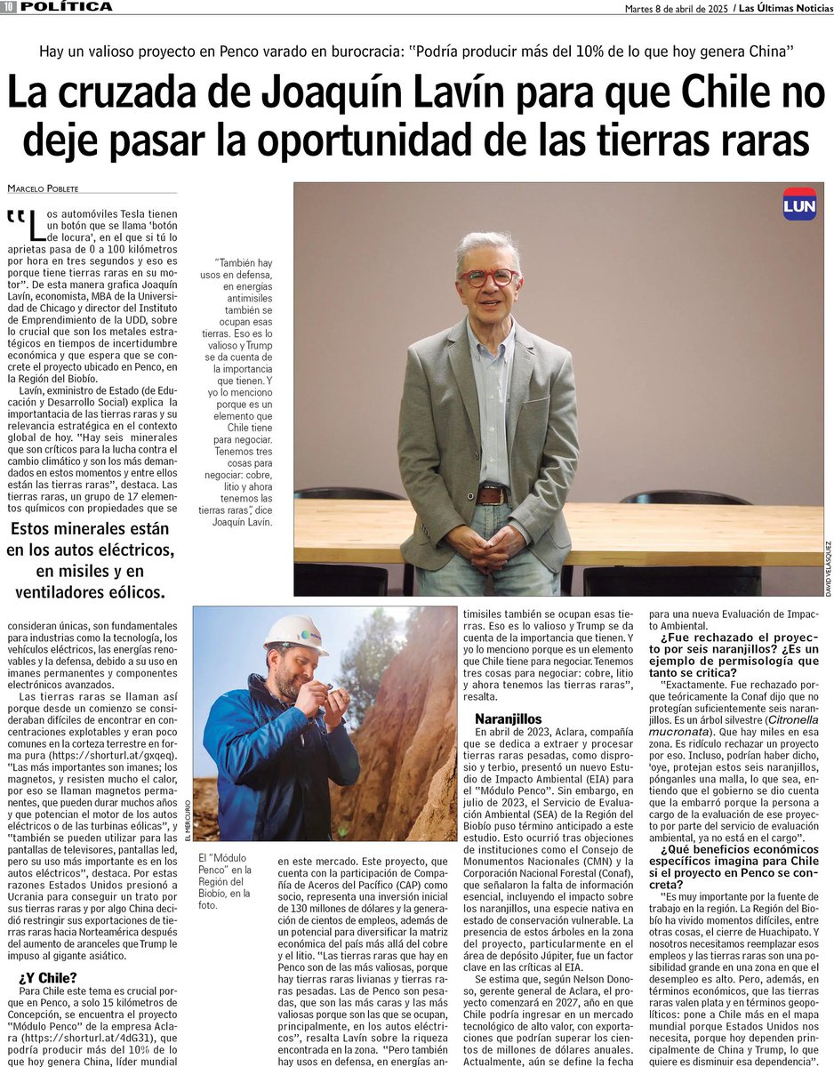 RendirseJamass's tweet photo. Joaquín Lavín de @negociosUDD anda promocionando el polémico proyecto de la empresa ACLARA para extraer tierras raras en Penco #incendiosforestales #Penco  Y saben a quién le interesa esto? A Trump, porque China, Vietnam, Brasil, Rusia son los paises con mas reservas de estas https://t.co/Bs3qzQiXxQ