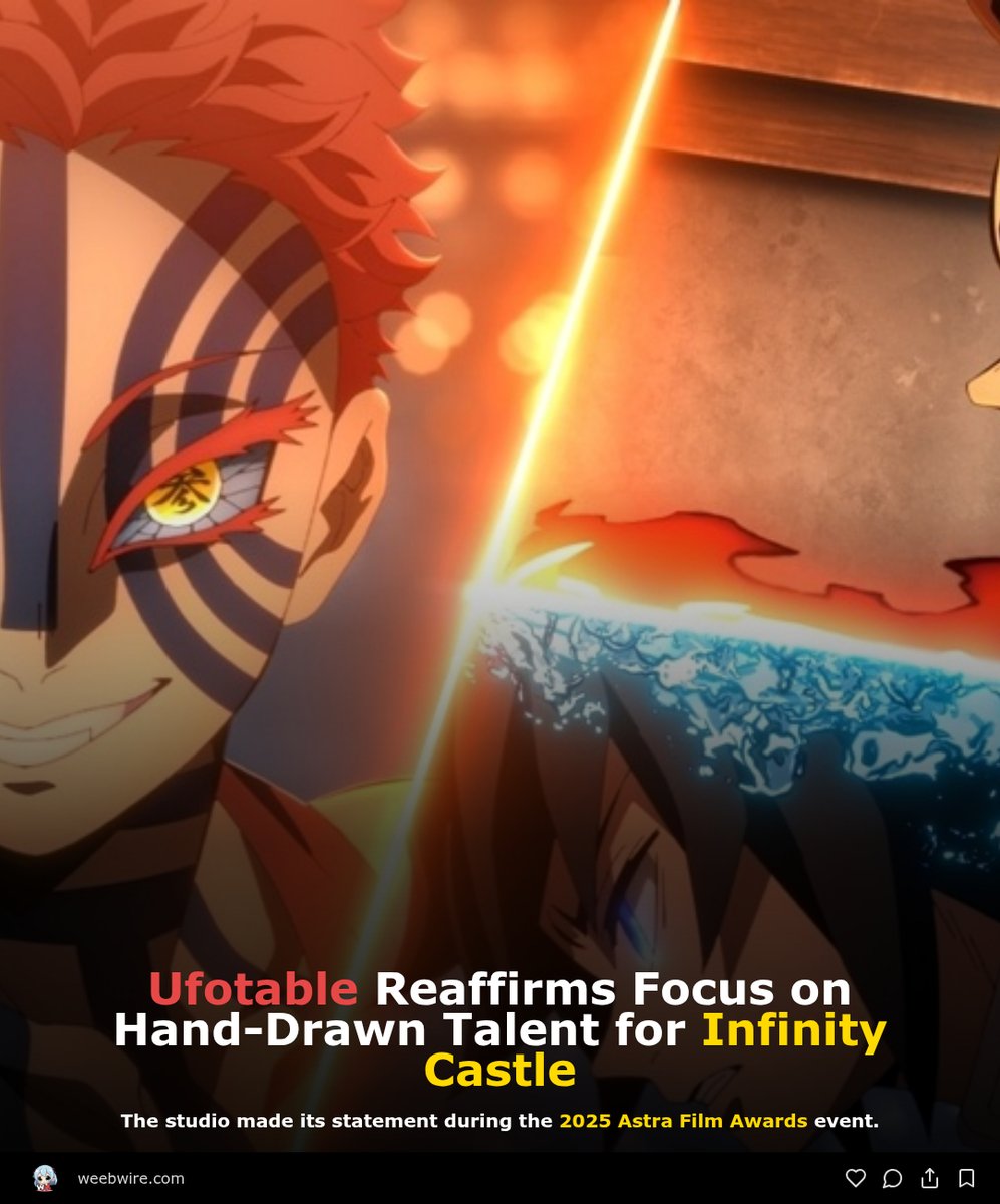 weeb_wire's tweet image. 🔗 weebwire.com/news/ufotable-…

#Ufotable #DemonSlayer #InfinityCastle #AstraAwards #HandDrawnAnimation #AnimeNews #Aniplex
