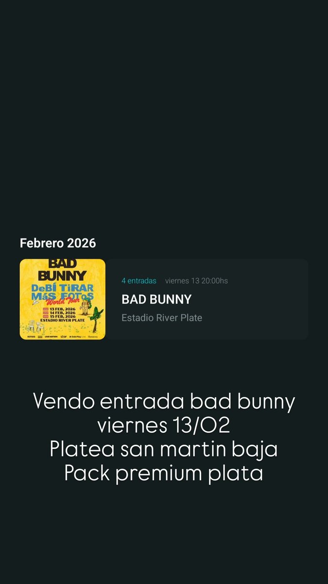 dil0nr's tweet photo. Vendo entrada bad bunny febrero, platea san martin baja river https://t.co/7mwnkes6rj