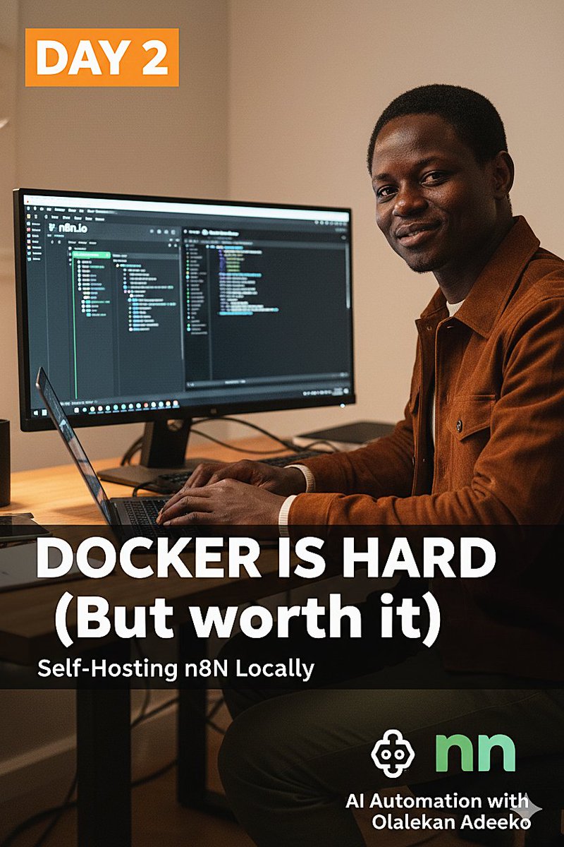 🚀 Day 2: Survived Docker hell 😅! Moved n8n to local via Docker. Why?
- Privacy: Data stays on my hardware
- Power: No cloud limits
- Control: Learning the infra behind AI agents
Persistence > magic buttons 🛠️
Thanks Olalekan Adeeko! 
#AIAutomation #BuildingInPublic