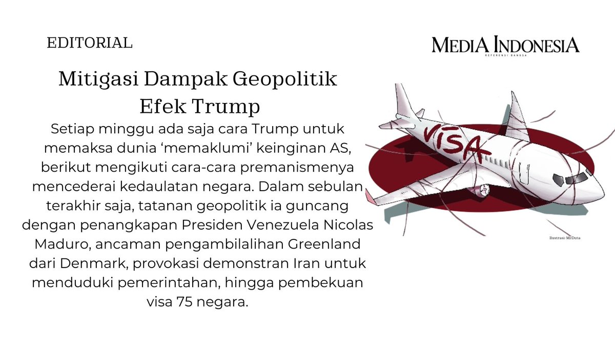 mediaindonesia's tweet photo. PERTENGAHAN minggu ini, satu lagi kebijakan agresif Presiden Amerika Serikat (AS) Donald Trump mulai berlaku. Mulai 21 Januari, Trump menghentikan proses visa dari 75 negara.

https://t.co/kpYIBvozPf

#editorialmediaindonesia https://t.co/4BmYhwVqYR