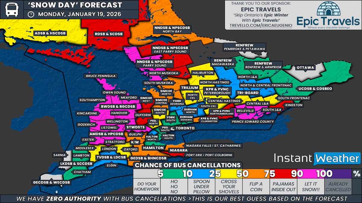 IWeatherON's tweet image. #ONStorm #ONwx 🚌 ‘Snow Day’ Forecast: Monday’s Blizzard Risk Expected to Result in Widespread School Bus Cancellations in Southern Ontario

📅 Monday, January 19, 2026

⤵️ VIEW TOMORROW'S FORECAST HERE ⤵️
🔗 instantweatherinc.com/article/ontari…

Disclaimer: Instant Weather has zero authority