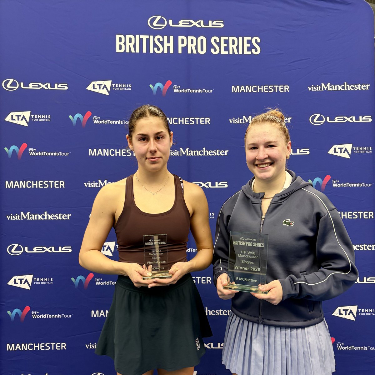 LTACompetitions's tweet photo. Champions crowned at the Lexus British Pro Series Manchester! 🏆

Home players featured on both sides of the doubles final 🇬🇧🔥

@MCRActive | #LexusBritishProSeries

WS
🥇Celine Naef
🥈Elizara Yaneva
WD
🥇Alicia Dudeney &amp; Elena Malygina
🥈Emily Appleton &amp; Weronika Falkowska https://t.co/8p7Kwq6ByB