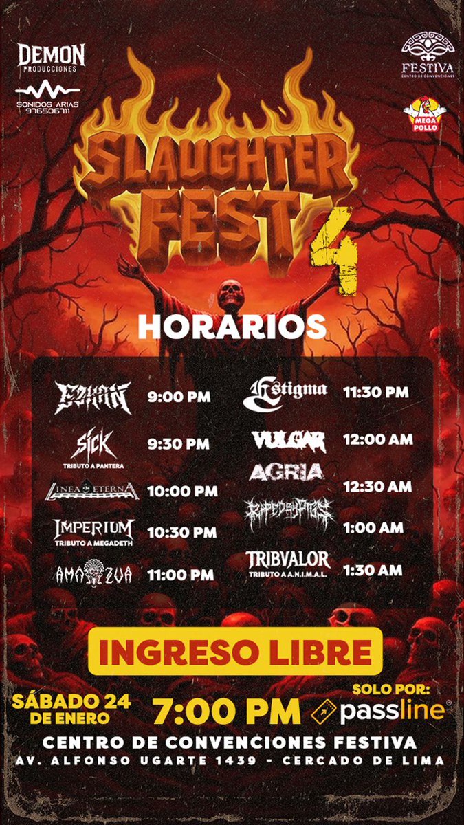 Este sábado 24 regresamos al Festiva en marco del Slaughter Fest 4  #metalperuano <a href="/passlineperu/">Passline Perú</a>  ingreso libre saca tu entradas en: passline.com/eventos/slaugh…
