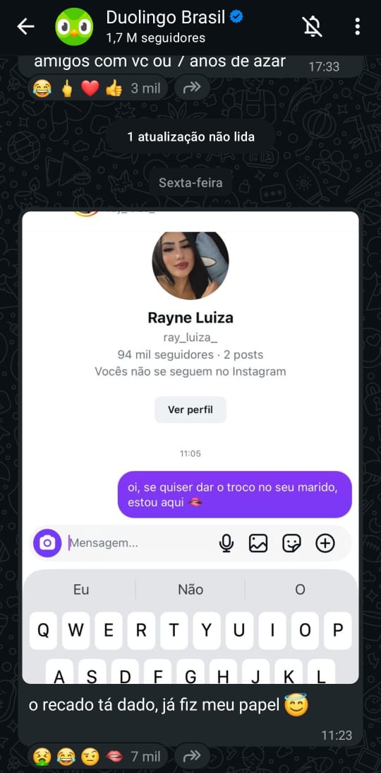 kleribeiro's tweet photo. Aí o @duolingo resolve incentivar assédio contra a esposa que o Pedro traiu. O Mundo ta de ponta-cabeça mesmo... #BBB26 https://t.co/5735DwHPHR
