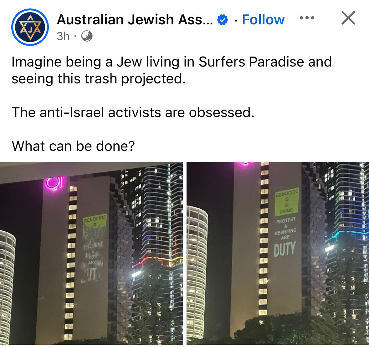 AltMediaWatch's tweet image. The projection they are upset about says “genocide is a crime”