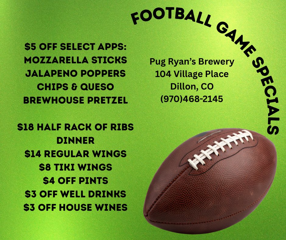 During all football games we have the best deals. Come watch the game with us. #pugryansbrewery #pugryanstikibar #dilloncolorado #localbusiness #craftbeer #football #SummitCounty