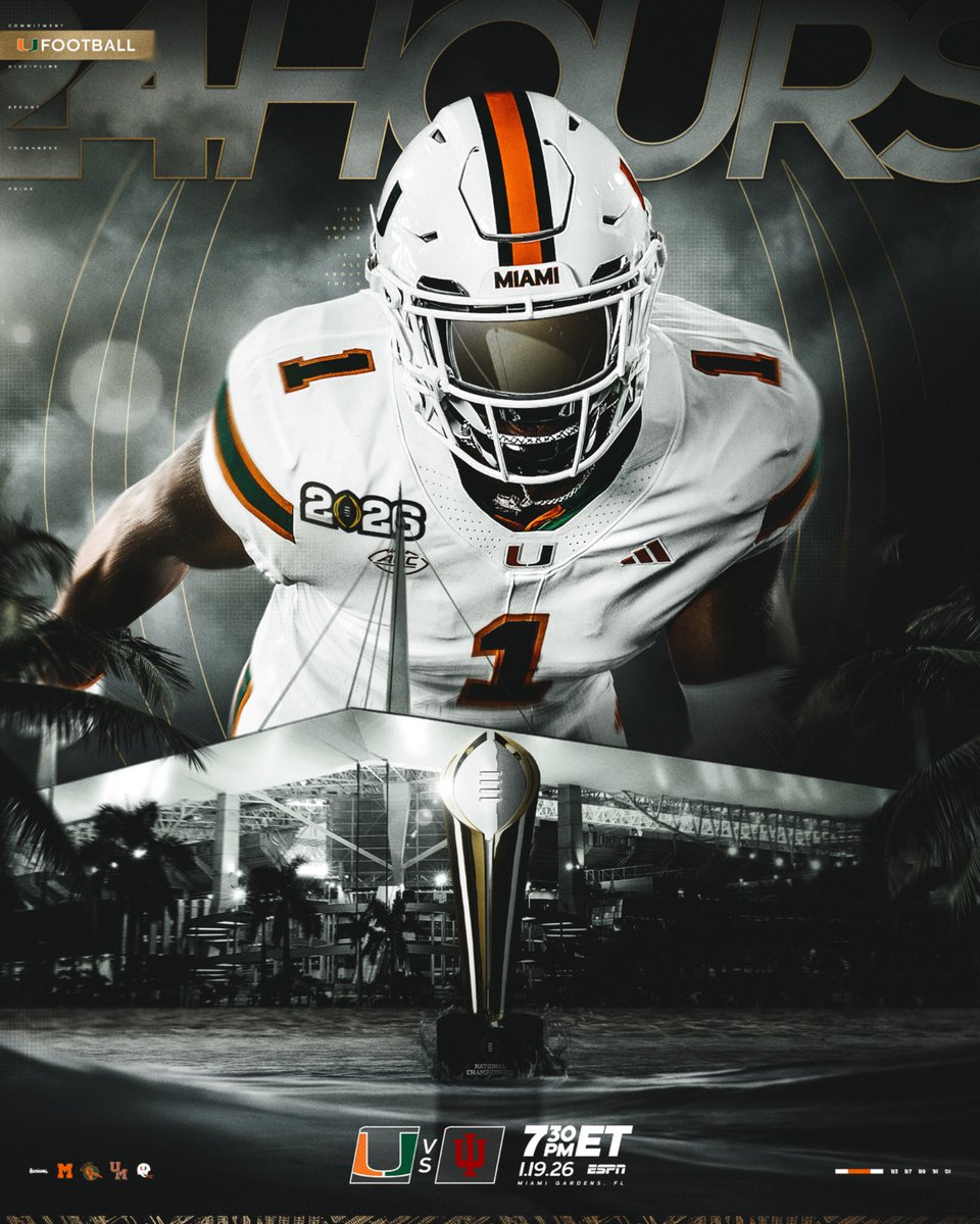 CanesFootball's tweet image. The final countdown. 

We’re 24 hours away from the National Championship 🙌

#GoCanes | #NationalChampionship