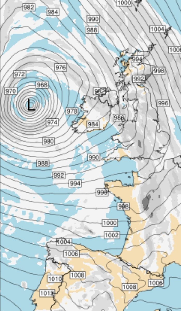 Vakapiupiuu's tweet image. Divendres 23 #gener2026 una baixa molt molt profunda es situaria al W del Regne Unit/Irlanda. 
Si no em descompto el centre obté 954 hPa, una Patmosfèrica de pur huracà!