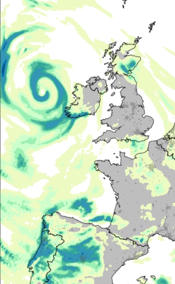 Vakapiupiuu's tweet image. Divendres 23 #gener2026 una baixa molt molt profunda es situaria al W del Regne Unit/Irlanda. 
Si no em descompto el centre obté 954 hPa, una Patmosfèrica de pur huracà!