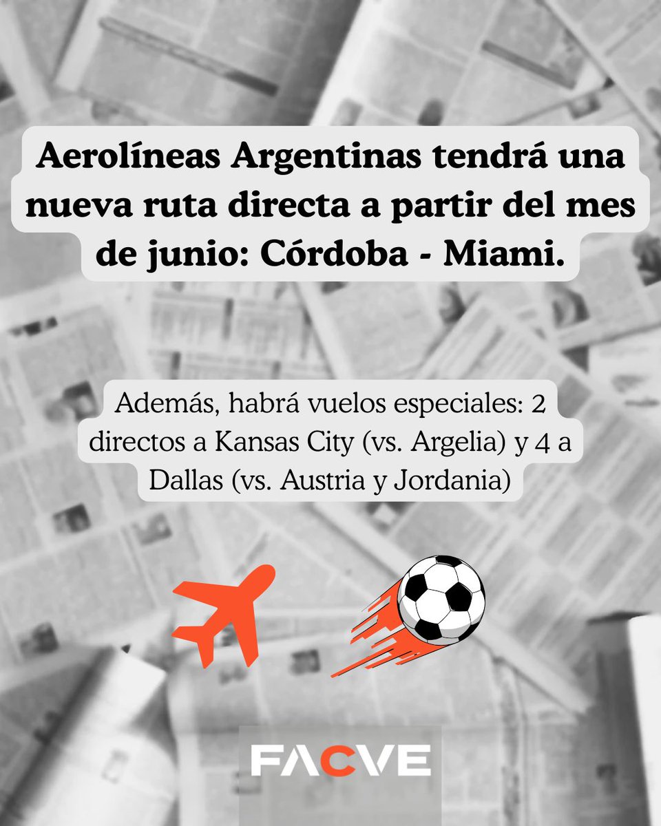 ✈️ Más conectividad para viajar y alentar

<a href="/Aerolineas_AR/">Aerolíneas Argentinas</a> suma nueva ruta directa Córdoba–Miami, ampliando las opciones de conexión internacional desde el interior del país.

Desde FACVE celebramos cada avance que fortalece la conectividad aérea y el turismo responsable.