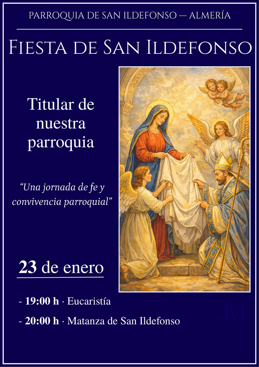 🎉 Fiesta de San Ildefonso 🎉
Titular de nuestra parroquia
📅 23 de enero
⛪ 19:00h Eucaristía
🍽️ 20:00h Matanza de San Ildefonso
Un día para celebrar la fe y la vida en comunidad.
#SanIldefonso #VidaParroquial #SanIldefonsoAlmería