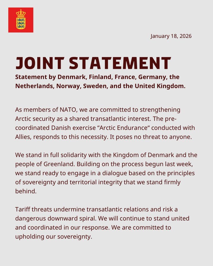 abbuart's tweet image. Denmark aur Greenland ke support mein 8 bade desh saath aaye hain. Unhone 'Arctic Endurance' exercise ko defend kiya aur tariff ki dhamkiyon ke khilaf united rehne ki baat kahi.
#WorldNews #NATO #ArcticSecurity
#NATO