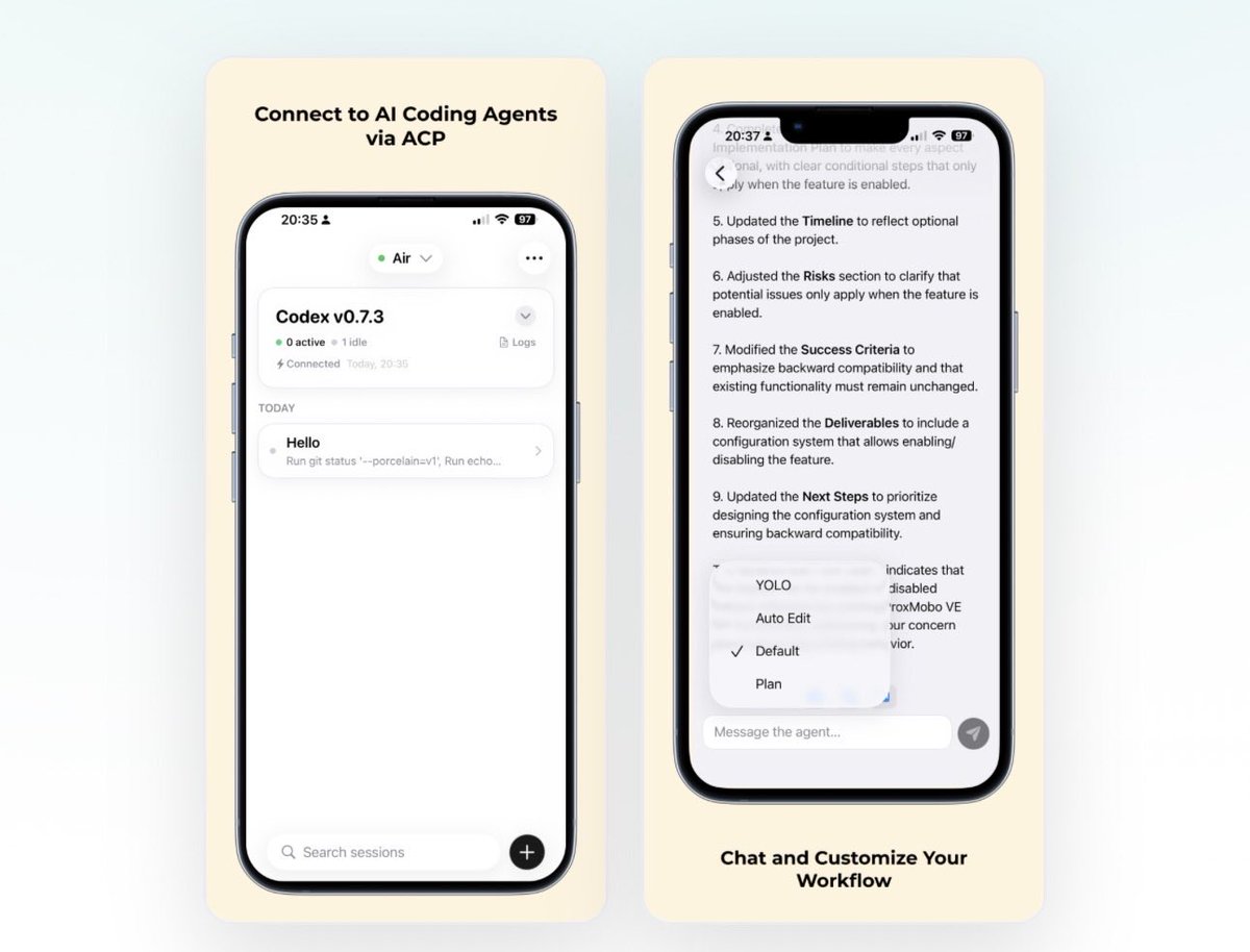 Agmente's tweet photo. Agmente is an experiment in managing remote self-hosted agents via Agent Client Protocol. It’s early, we’re learning what makes remote feel seamless and contributing improvements back to the protocol. Thanks to @zeddotdev and @jetbrains for initiating and pushing it forward. https://t.co/PnTfnNzQFm