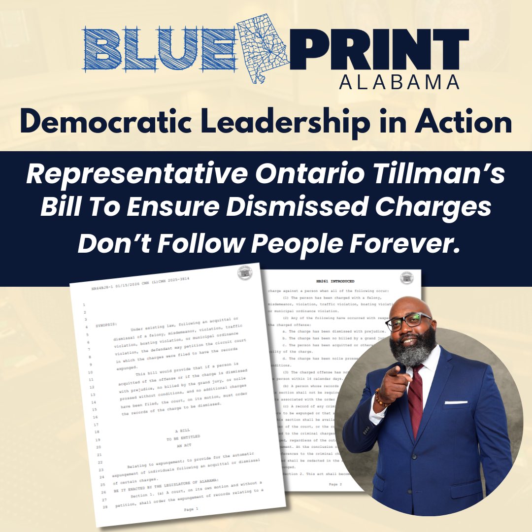 Blueprintal's tweet photo. As the 2026 legislative session moves forward, Democrats are introducing commonsense bills that put people first, from expanding opportunities for veterans, to protecting second chances, to fighting for fair wages.

Stay engaged. Stay informed. Our participation matters. https://t.co/XlN86G0QA2