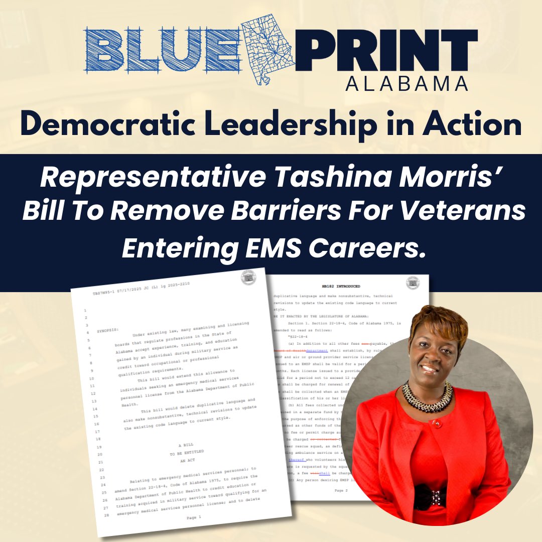 Blueprintal's tweet photo. As the 2026 legislative session moves forward, Democrats are introducing commonsense bills that put people first, from expanding opportunities for veterans, to protecting second chances, to fighting for fair wages.

Stay engaged. Stay informed. Our participation matters. https://t.co/XlN86G0QA2
