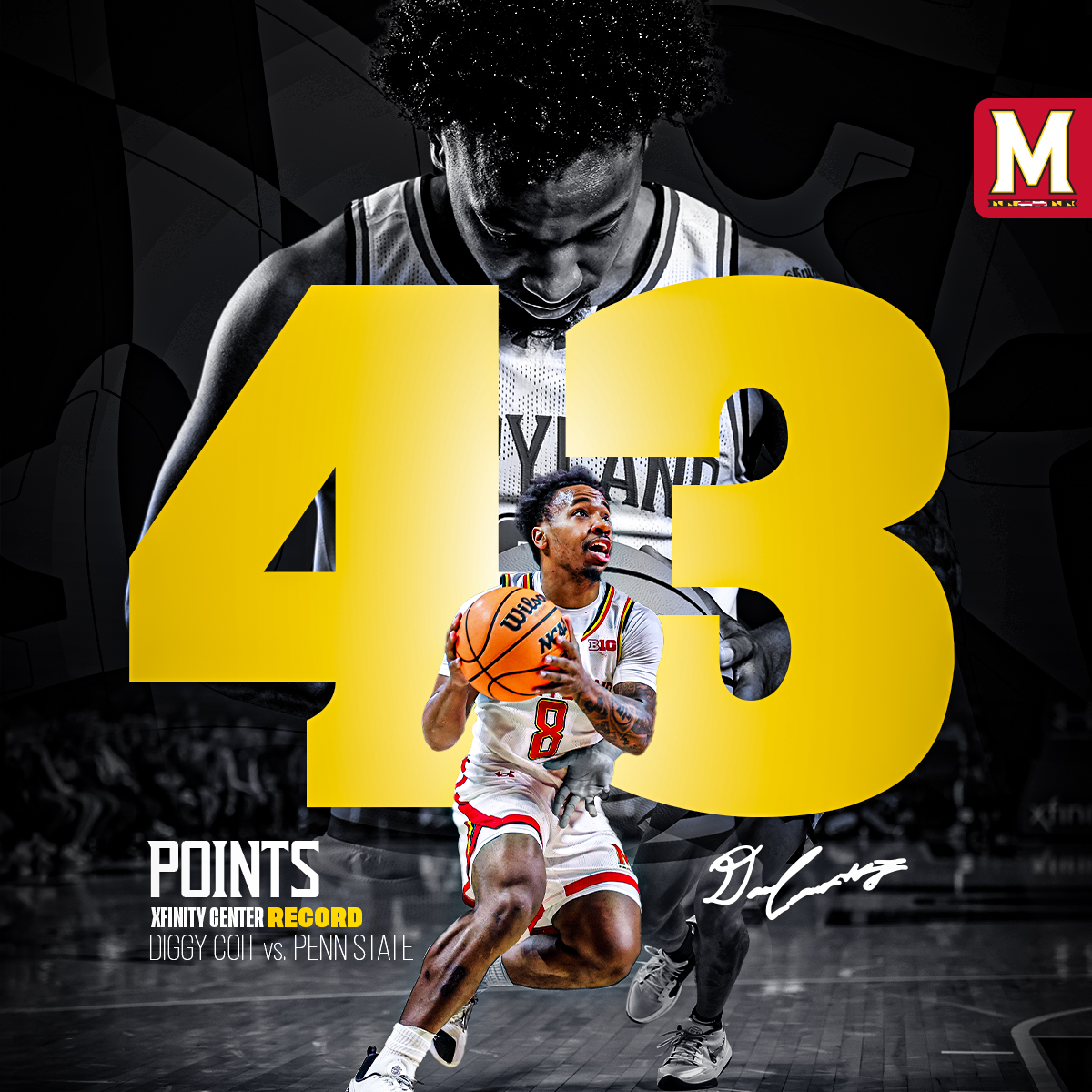 TerrapinHoops's tweet photo. Diggy Coit rewrote history! 📖

His 43 points are an XFINITY Center record. https://t.co/nFmJnBSZeB
