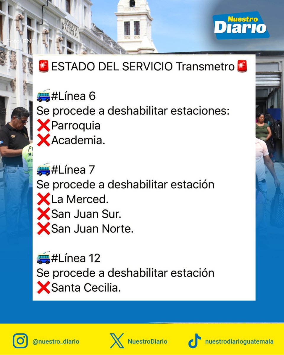 📌 LÍNEAS DEL TRANSMETRO SUSPENDIDAS | Como parte de las medidas de seguridad ante ataques terroristas en contra de la PNC, autoridades de tránsito de la Ciudad Capital anunciaron la suspensión de servicio de Transmetro.

El alcalde capitalino, Ricardo Quiñónez solicito a las