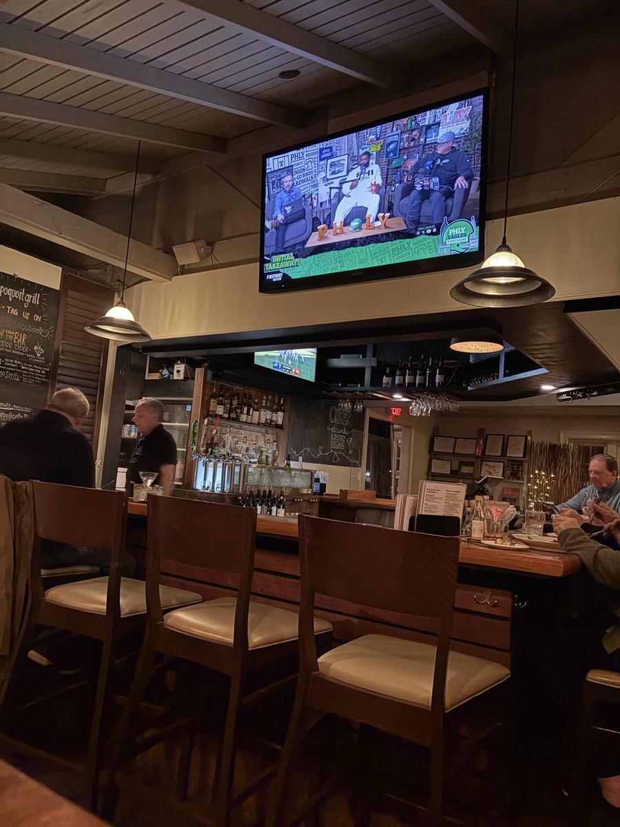 Seaislealan's tweet photo. @Bo_Wulf @EJSmith94 @PHLY_Sports 
At Chappy Grill in W. Falmouth (Cape Cod) last night during Bills-Broncos game and instead they had on a PHLY Pod. Thought you’d love this. Transplanted here to Pats country for the grandkids but still 63 yrs as Eagles season ticket holder. https://t.co/C6rgINCgSI