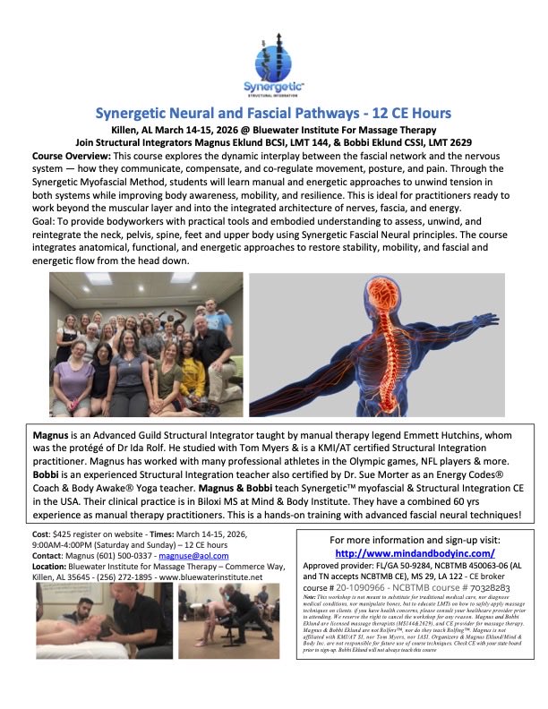 Join Bobbi and Magnus Eklund in Killen AL at the Bluewater School in 2026! We have a combined 60 years of wisdom in manual, and movement technology. If you are a manual therapist interested in elevating your craft to a higher level come study with us in 2026! #bobbiandmagnus