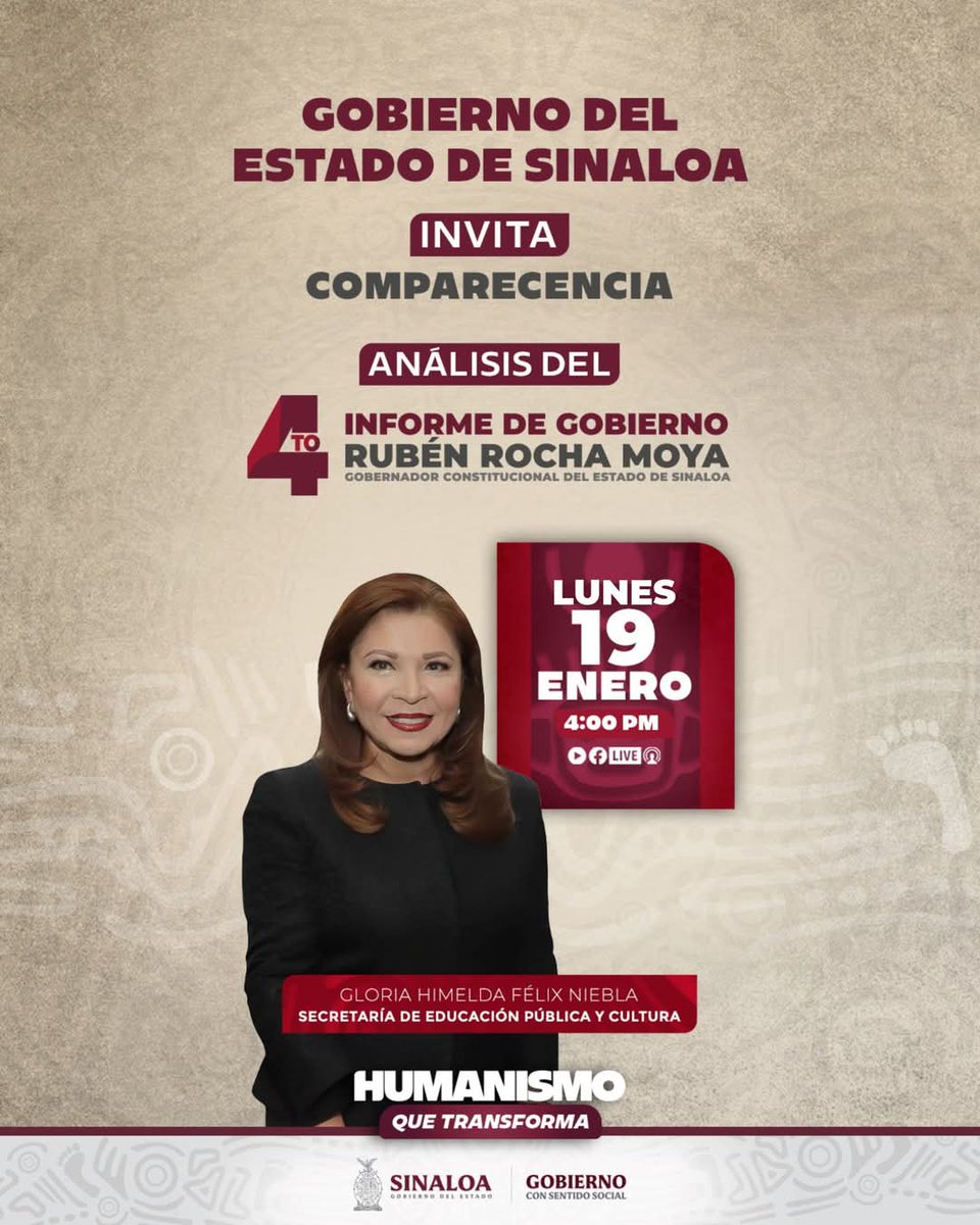 ¡𝗧𝗿𝗮𝗻𝘀𝗽𝗮𝗿𝗲𝗻𝗰𝗶𝗮 𝘆 𝗿𝗲𝘀𝘂𝗹𝘁𝗮𝗱𝗼𝘀 𝗲𝗻 #Educación! 📚🏛️

Mañana lunes 19 de enero, la Secretaria de Educación Pública y Cultura, <a href="/GloriaHimelda01/">Gloria Himelda Félix</a>, realizará su comparecencia ante el <a href="/congresosinaloa/">Congreso del Estado de Sinaloa</a>.