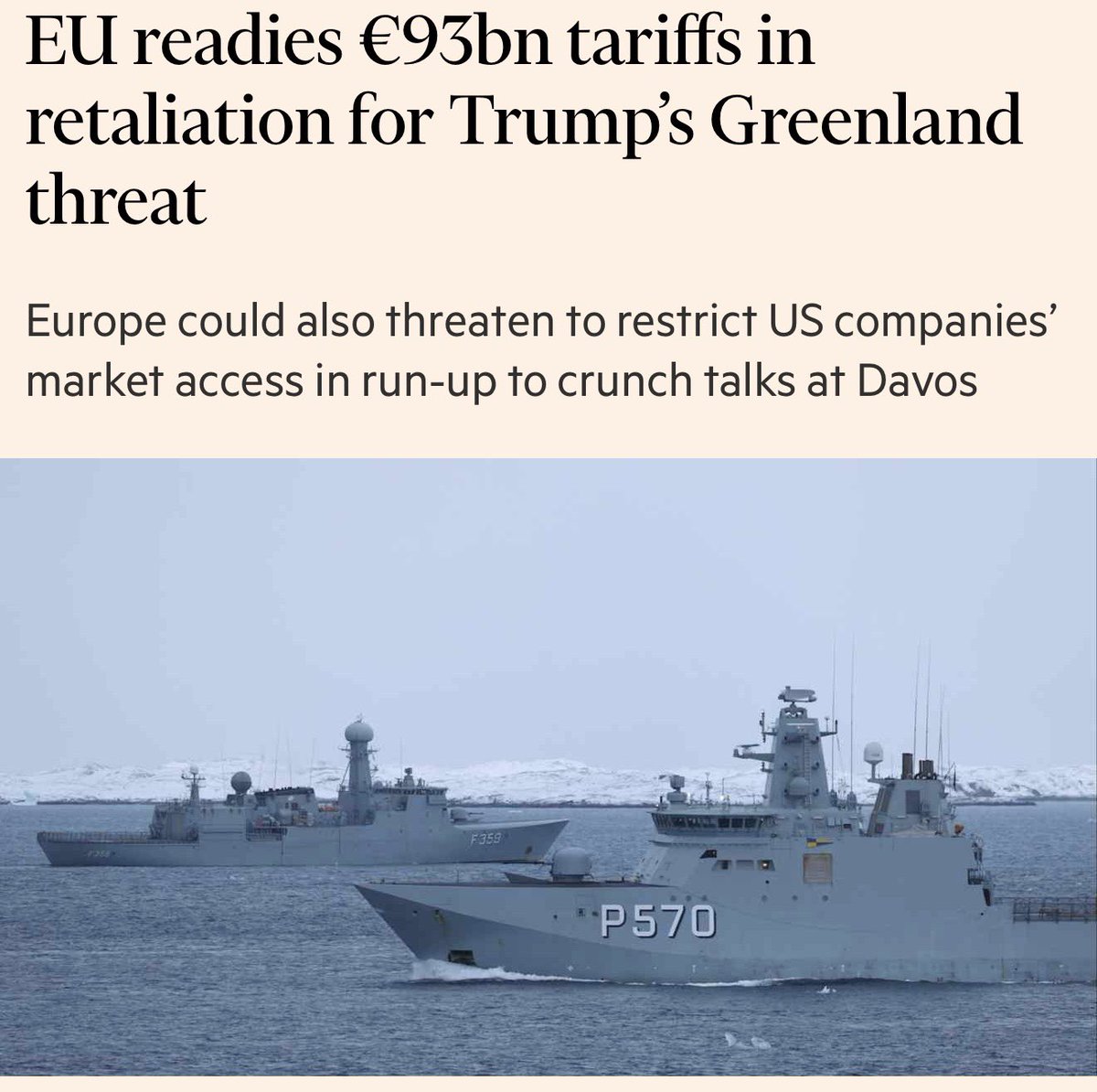 🚨突发：欧盟正准备对美国企业征收高达930亿欧元的关税和其他限制措施，以回应川普对格陵兰岛加征10%关税的要求。  欧盟各国首都正在考虑对美国征收930亿欧元的关税，或限制美国企业进入欧盟市场，以回应川普威胁反对其吞并格陵兰岛计划的北约盟国。 此举标志着数十年来跨  ...