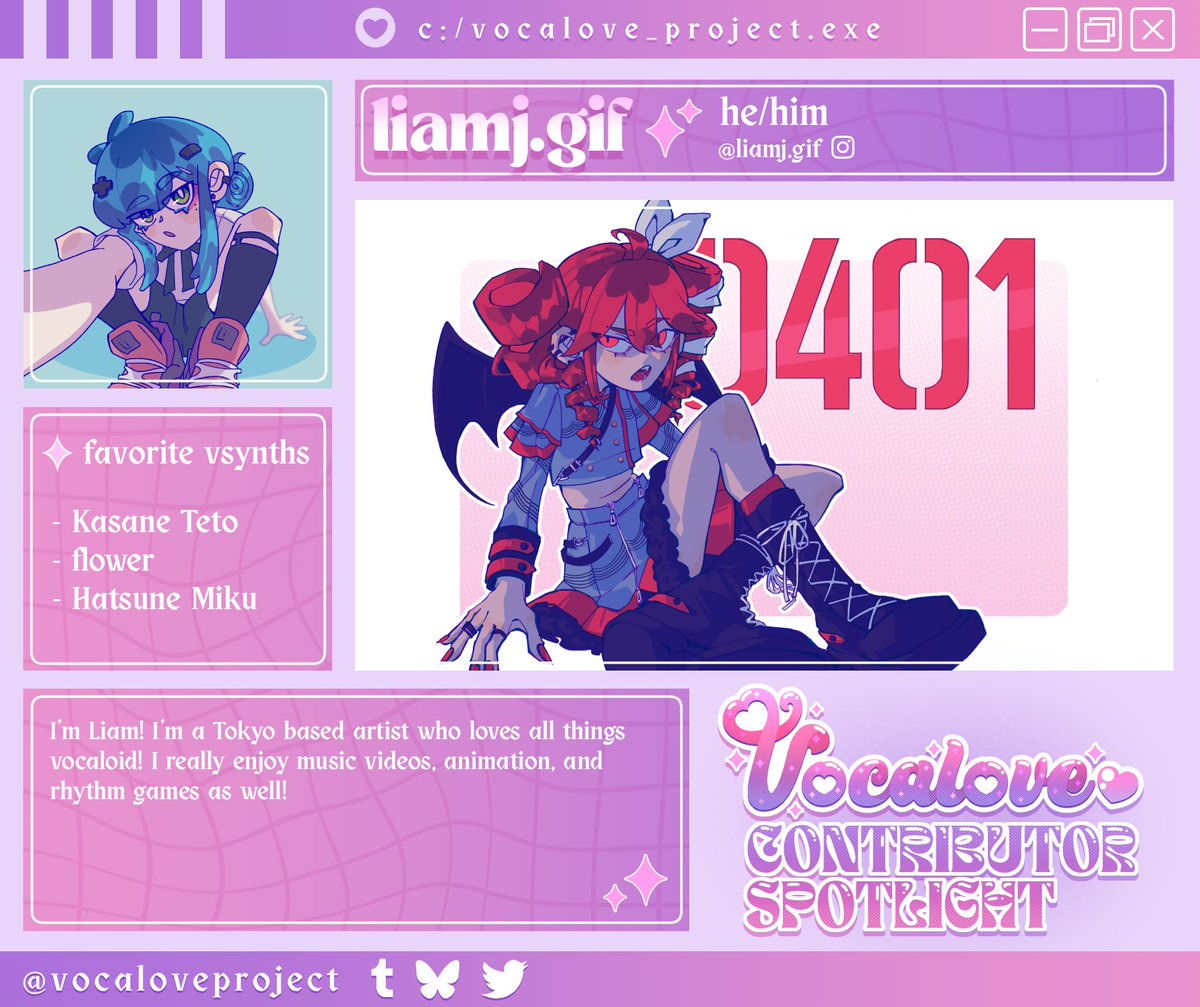 💜 𝗖𝗢𝗡𝗧𝗥𝗜𝗕𝗨𝗧𝗢𝗥 𝗦𝗣𝗢𝗧𝗟𝗜𝗚𝗛𝗧
Today we introduce our next contributor, iamj.gif!
Make sure to check his socials and support him ♡

🤍 [IG] iamj.gif

#zinepromo #contributorspotlight
💌 vocaloveproject.tumblr.com