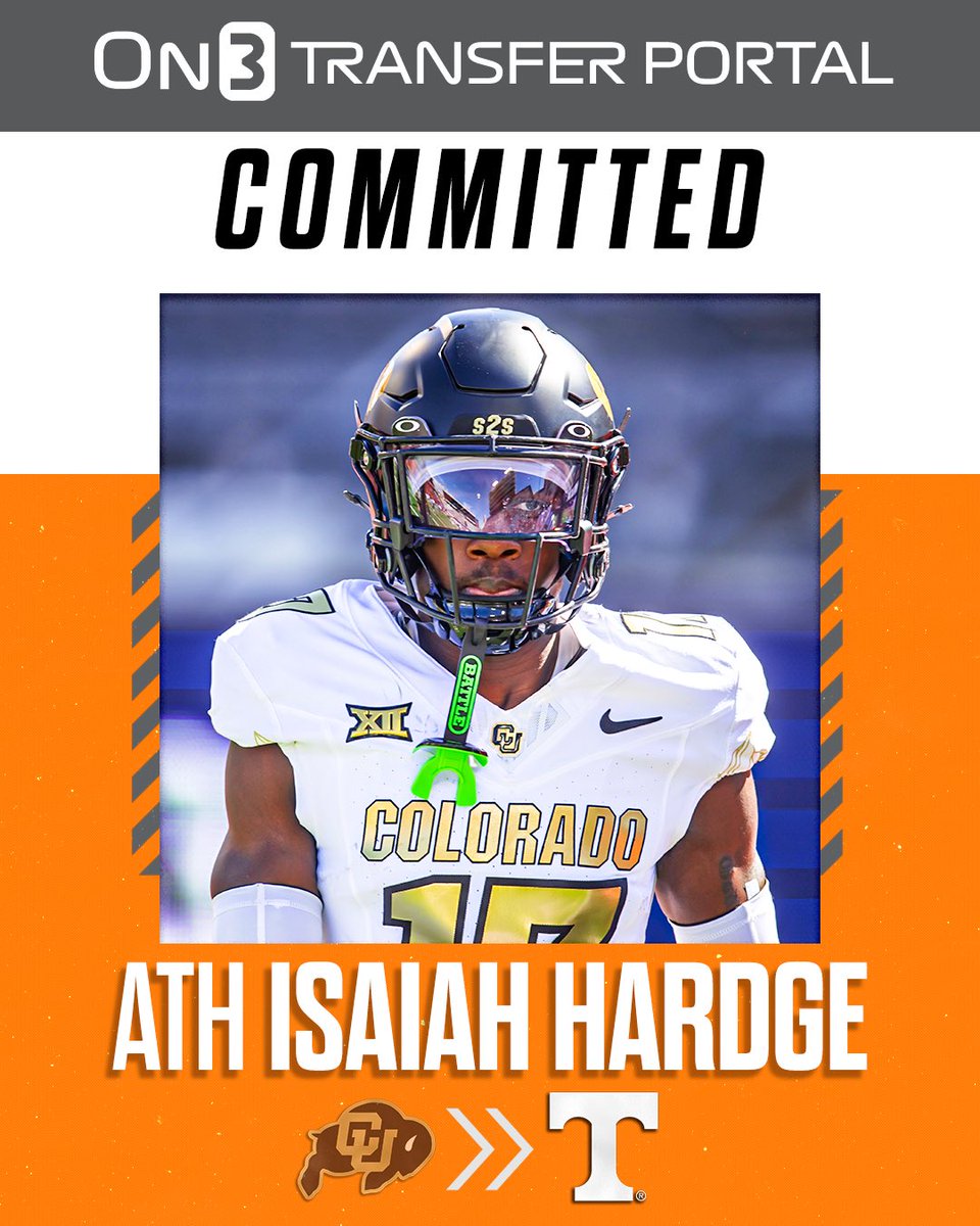 TransferPortal's tweet image. BREAKING: Colorado transfer CB/WR Isaiah Hardge has committed to Tennessee, @AustinPriceless reports🍊

on3.com/college/tennes…