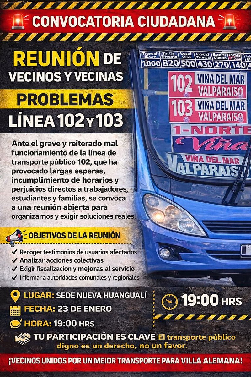 Vecinos de la comuna de #VillaAlemana y #Quilpué a través de redes sociales están llamando a reunión pública ante la problemática del Transporte Público esperamos que la autoridad se pronuncie <a href="/MTTValparaiso/">SeremiTT Región de Valparaíso</a> <a href="/JuanCaMunozA/">Juan Carlos Muñoz Abogabir</a> <a href="/MTTChile/">Ministerio de Transportes y Telecomunicaciones</a> <a href="/DTPRegional/">División de Transporte Público Regional</a>  #GranValparaíso