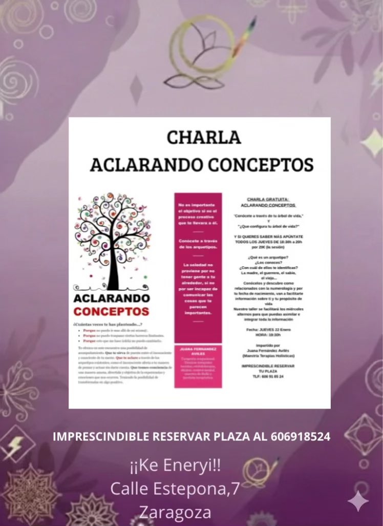 KeEneryi's tweet photo. CHARLA GRATUITA: ACLARANDO CONCEPTOS 
“Conócete a través de tu árbol de vida," Y “¿Que configura tu árbol de vida?"
#keeneryi #lasfuentes #zaragoza #aclarandocnceptos #arquetipos https://t.co/1yFzONqg0Y