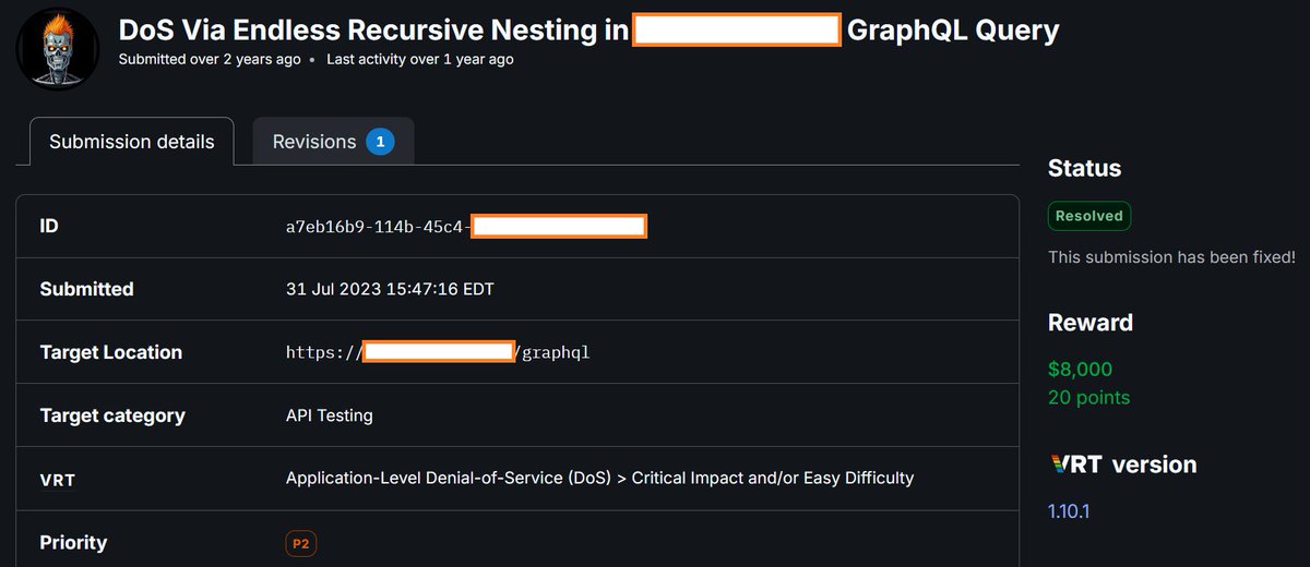 the_IDORminator's tweet image. DoS bugs in graphQL are fun!

When you run into a GQL (graph query language) instance when testing, check for DoS (denial of service) if it is in scope for the program. It is very common for developers to create a structure that can be queried recursively to cause resource…