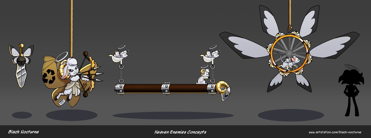 BlackNocturne3's tweet photo. The player escapes the lab and enters a nice looking location with the green grass, the clouds and the sun. And gets attacked by angels that live there.

#concept #game #art #character #design #OC #enemies #sword #mimic #lamb #angel #cherub #batteringram #hamsterwheel https://t.co/XPsw261xUY