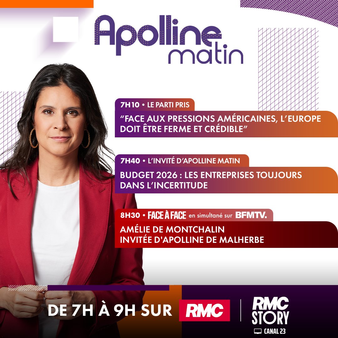 🎙 Demain, dès 7h, dans #ApollineMatin :
► 7h10 : <a href="/NathalieLoiseau/">Nathalie Loiseau</a>, députée européenne Renew, ancienne ministre
► 7h40 : <a href="/VirginieCalmels/">Virginie Calmels</a>, présidente de CroissancePlus et présidente fondatrice de Futurae
► 8h30 : <a href="/AdeMontchalin/">Amélie de Montchalin</a>, ministre de l’Action et des Comptes publics,
