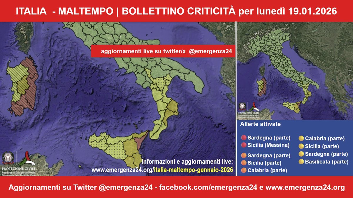 🔴[18.01-20:30] #Italia BOLLETTINO CRITICITÀ per lunedì 19.01.2026

👉PREVISTI FORTI TEMPORALI E VENTO FORTE

🔴ALLERTA ROSSA per Sardegna (parte), Sicilia (Messina)
🟠ALLERTA ARANCIONE Sardegna, Sicilia, Calabria
🟡ALLERTA GIALLA per Sardegna, Sicilia, Calabria e Basilicata
👉La
