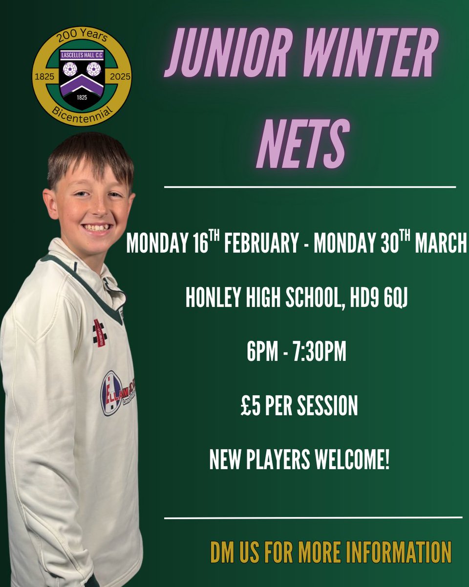 Under one month to go until our Junior cricketers get back into the swing of things 🎉

New players are welcome to join us at our Winter Nets, for more information, just drop us a message 🙌

#LascellesHall #Cricket #JuniorCricket #Huddersfield #Yorkshire #YorkshireCricket