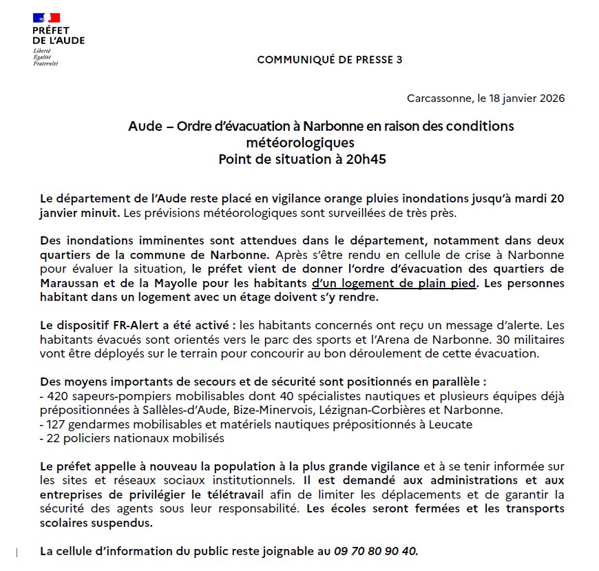 🟠 Aude -  Ordre d’évacuation à Narbonne - vigilance orange pluies inondations 

ℹ️  La cellule d’information du public reste joignable au 09 70 80 90 40.

⤵️Retrouvez toutes les informations dans le communiqué de presse ci-dessous